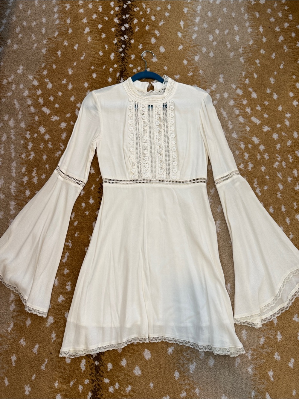 For Love & Lemons Ivory Lace-Trim Bell Sleeve Mini Dress